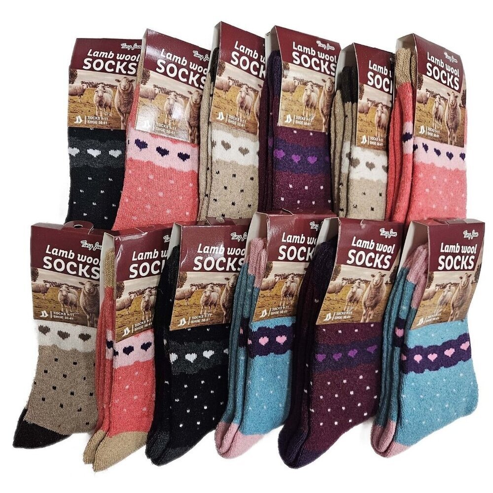 Women Winter Socks, Lamb Wool Warm Socks Hiking Walking Cute Heart Print 12-PACK
